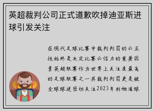 英超裁判公司正式道歉吹掉迪亚斯进球引发关注 英超裁判公司正式道歉吹掉迪亚斯进球引发关注